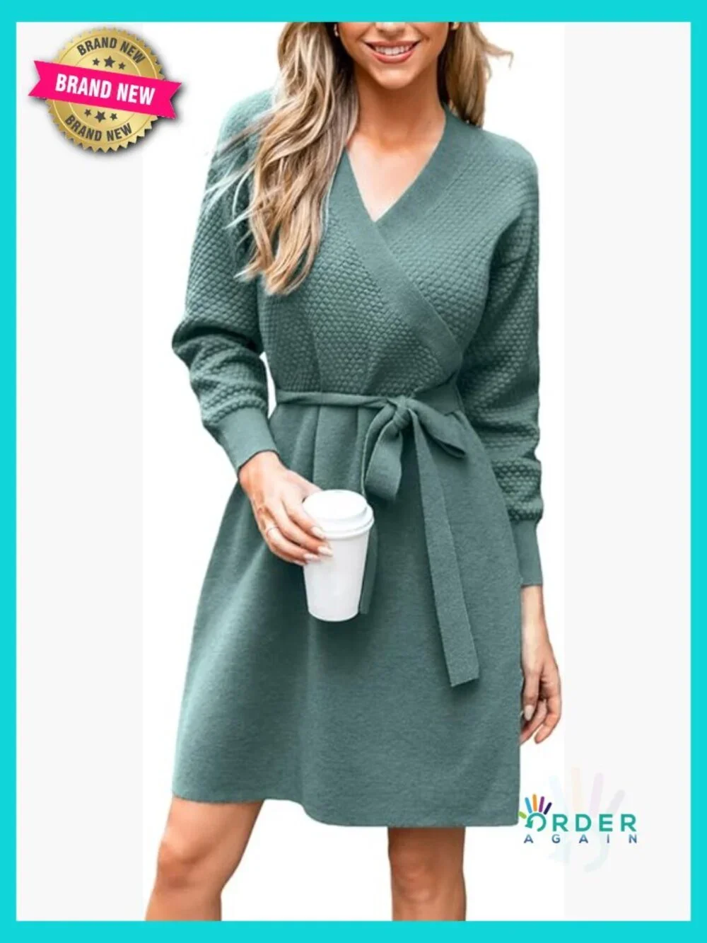 Ribbed Knit Sweater Dress V Neck Long Sleeve Belted Fitted A Line Midi